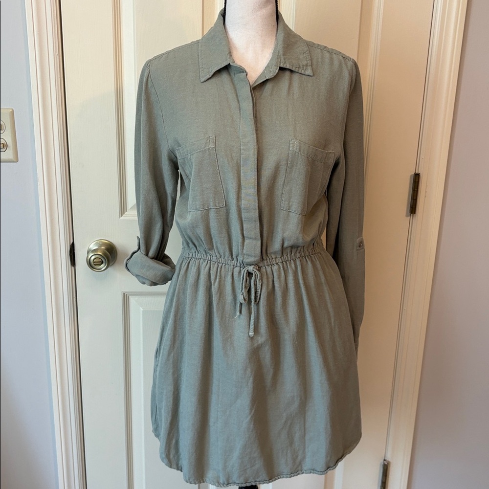 Japna Olive Khaki Shirt Dress with Pockets Roll Tab Sleeves Tie Front Waist sz M